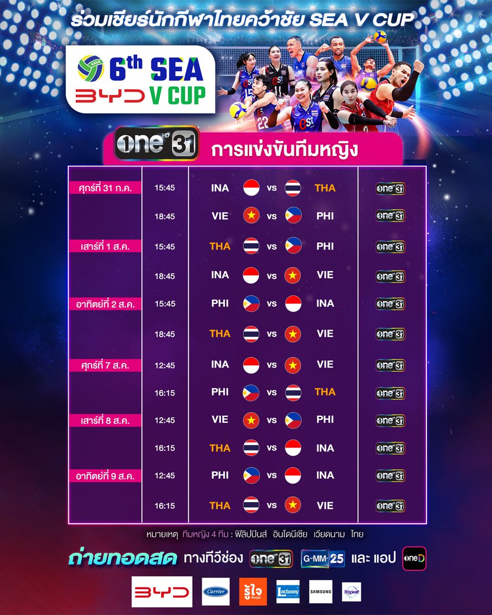 wisdomofvolley's tweet photo. โปรแกรมการแข่งขัน BYD DMI 6th SEA V Cup 2026  ประเภททีมหญิง

วันที่ 31 ก.ค - 9 ส.ค  2026
ถ่ายทอดสดทางช่อง One31

#BYDDMI6thSEAVCup2026
#SEAVCup2026
#วอลเลย์บอล
#วอลเลย์บอลหญิง
#one31 #oneD https://t.co/gPurWlW2OX