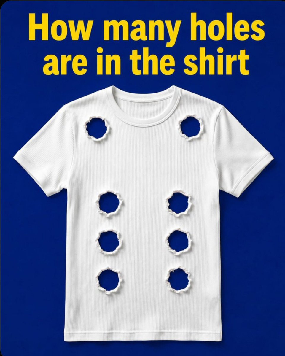 itslunaa_3's tweet photo. How many Holes are in the T shirt?

99.9% will fail https://t.co/TZFcDCnQGD