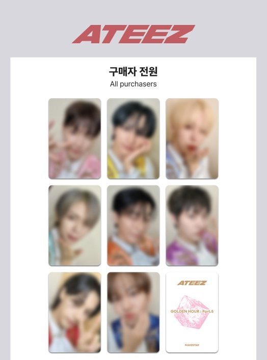 mizu_csn's tweet photo. ATEEZ アチズ GOLDEN HOUR Part：5 makestar メクス ラキドロ 特典 共同購入

譲：makestarCUTEEZ ver トレカのみ
ソロ→🐿🐰🐶👑🐥🦊🐻
ユニット→🐿🦊/🐰🐶/👑🐥

求：1600円(送料込)
銀行振り込みのみ

枠埋まり次第Qoo10で購入予定です。
お気軽にお声かけください^ᴗ ̫ ᴗ^

#ATEEZ共同 https://t.co/GxWSShWuFO