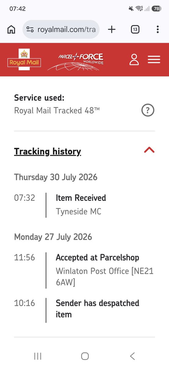 ItsMeLisass's tweet photo. Hi @RoyalMail , it's probably time to change the name of your Tracked 48 service. Why does it take 3 days for a parcel to travel 4 miles? It's still 200 miles from the recipient. https://t.co/HxhxiJ1p4f