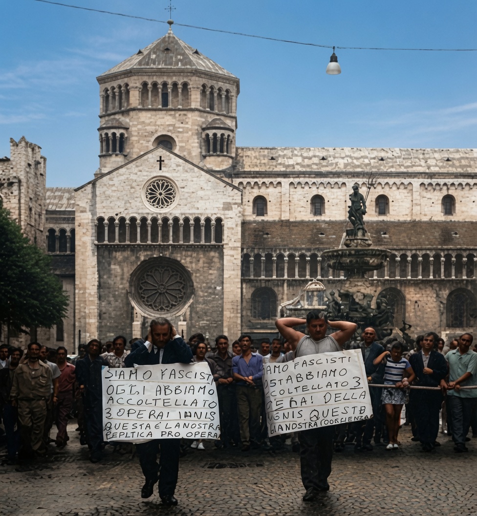 DaniMayakovski's tweet photo. "Somos fascistas. Hoy apuñalamos a 3 trabajadores. Esta es nuestra (verdadera) política obrera".

Un 30 de julio de 1970, en Trento (Italia), varios fascistas atacaron con hachas y cuchillos a trabajadores que estaban en huelga y que ocuparon la fábrica de la empresa IGNIS.

Los fascistas fueron desarmados por los obreros y obligados a desfilar humillados por todas las calles de la ciudad de Trento con un cartel donde se reconocían como fascistas y admitían su verdadera política hacia los obreros, la de apuñalarlos... en contraste con su verborrea populista obrerista que suelen decir para captar votos.

La vieja escuela antifascista debe volver.