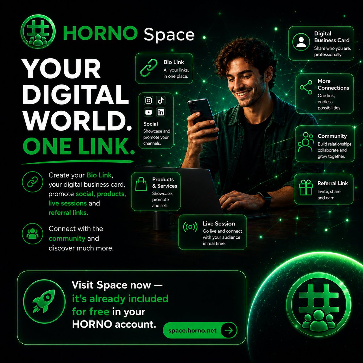 hornonetwork's tweet photo. 🌐 YOUR DIGITAL WORLD. ONE LINK.

Meet HORNO Space,  a powerful and flexible alternative to Linktree, designed for anyone who wants more than a simple list of links.

HORNO Space is not only for HORNO products or HORNO users.

It is open to everyone.

🎵 Musicians and DJs can share:
• Spotify, Apple Music, SoundCloud and YouTube
• New releases and music videos
• Booking contacts
• Upcoming events
• Merchandise and fan communities

📱 Influencers and content creators can connect:
• Social media profiles
• Brand collaborations
• Exclusive content
• Affiliate links
• Campaigns and live sessions

🏢 Businesses, entrepreneurs and freelancers can promote:
• Products and services
• Websites and online stores
• Special offers
• Portfolios
• Contact details
• Appointments and bookings

📢 Social-page owners and community managers can organise:
• Telegram and WhatsApp groups
• Social channels
• Communities
• Events
• News and important resources

With HORNO Space, you can bring your complete digital presence into one professional page:

🔗 Websites and important links
📱 Social profiles
🎵 Music and streaming platforms
🛍️ Products and services
🎥 Videos and live sessions
📅 Events and appointments
💼 Digital business cards
👥 Communities and groups
🎁 Affiliate and referral links

One profile.
One powerful link.
Endless possibilities.

🚀 Create your HORNO Space today:

https://t.co/R8fd12Bp1C

Build your presence.
Promote your work.
Grow your audience.
Connect everything.

#HORNOSpace #LinktreeAlternative #BioLink #DigitalIdentity #ContentCreators