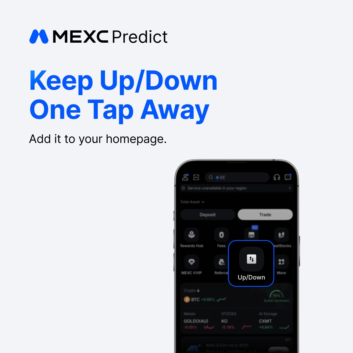 MEXC_Predict's tweet photo. Keep Up/Down one tap away. 📲

Add it to your homepage for faster access to 5-minute and 15-minute crypto events.

Open the #MEXC app to pin Up/Down now!

#MEXCpredict #PredictionMarket https://t.co/2UD8Kfzkwr
