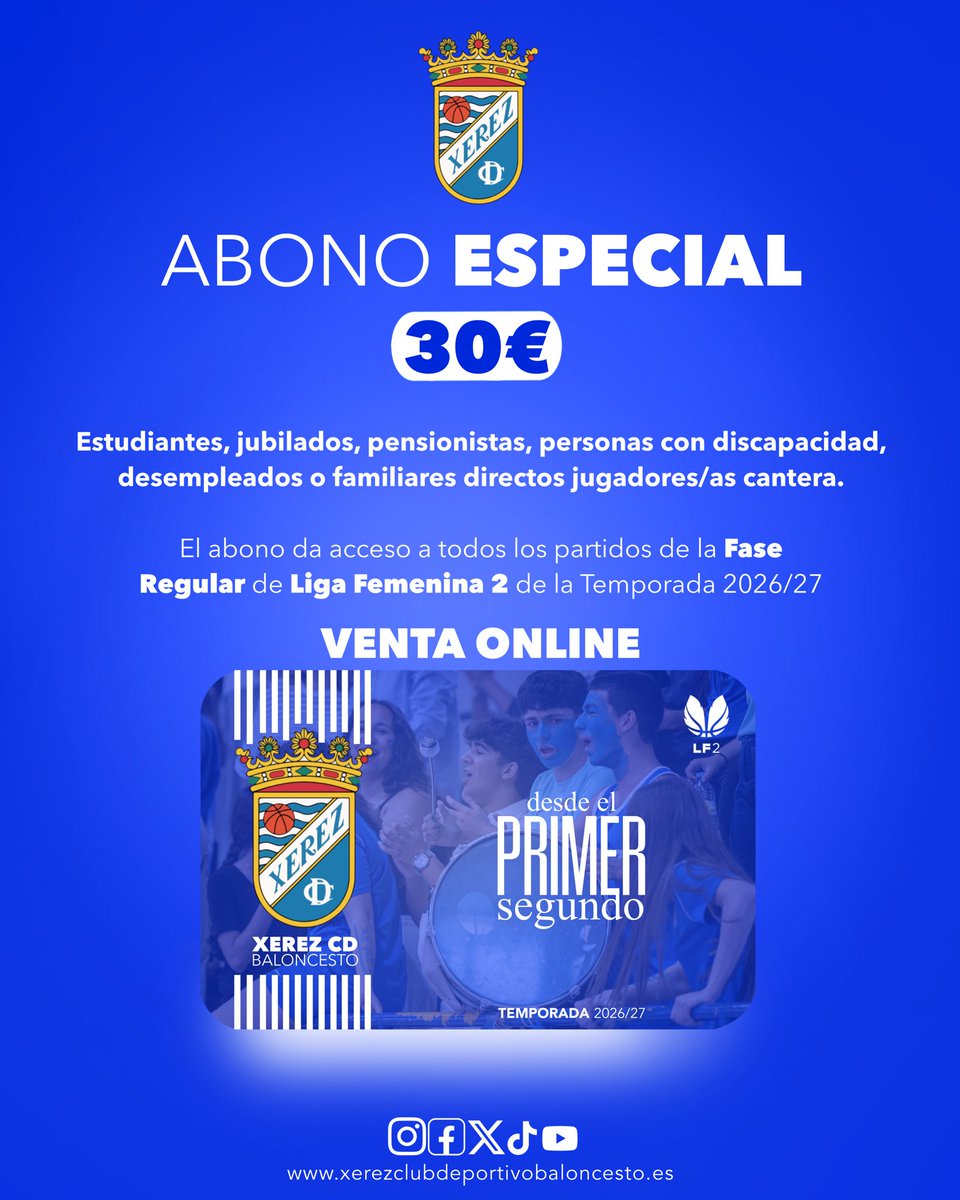 XerezCDBasket's tweet photo. LF2💙 | Conoce todos los tipos de abono👀

👉 El abono da acceso a todos los partidos de la Fase Regular de Liga Femenina 2 de la Temporada 2026/27

🔗 Hazte con el tuyo aquí: https://t.co/0AQrHoSCgT

#BXCD #SomosXerezCD #LF2 #DesdeElPrimerSegundo https://t.co/mNhY3Orncm