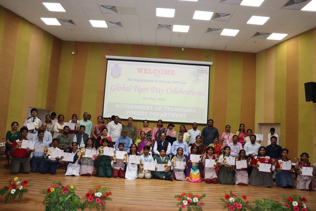 TGSFAHYD's tweet photo. Celebrating #GlobalTigerDay2026 at TGSFA, Dulapally 🐯
With Hon’ble EF&amp;E Minister Smt. Konda Surekha Garu , Sri Vinaykumar,IFS, PCCF (HOFF)&amp;CWLW &amp; Dr.Priyanka Varghese IFS, Director TGFA along with all Sr officers and esteemed guests.@iamkondasurekha @TelanganaFD @priyankaaIFS https://t.co/51NfJKLBUf