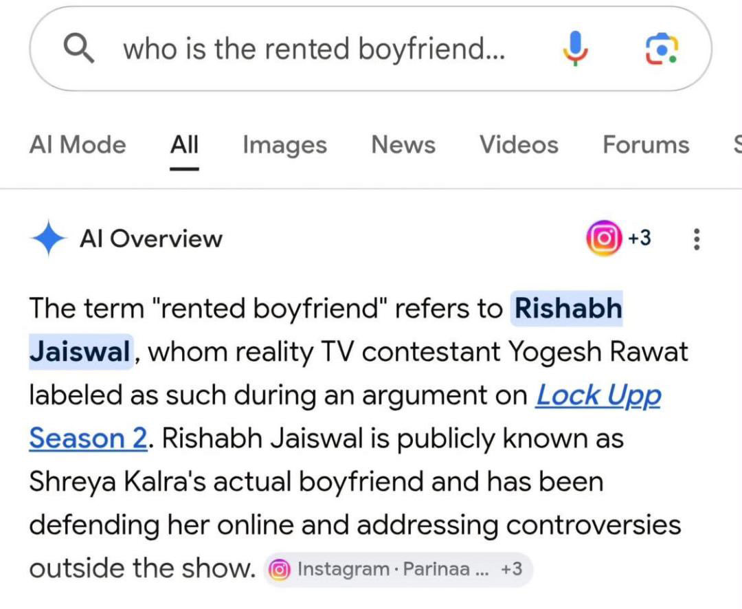 Vishal_1099's tweet photo. Permanent damage level: Google AI Overview.

Yogesh Rawat's comebacks don't just land, they get documented by Google. Even the algorithm agrees.

HATERS KA BAAP YOGESH

#Yogishians #LockUpp2 #Netflix #YogeshRawat https://t.co/rKjMD0Swyn