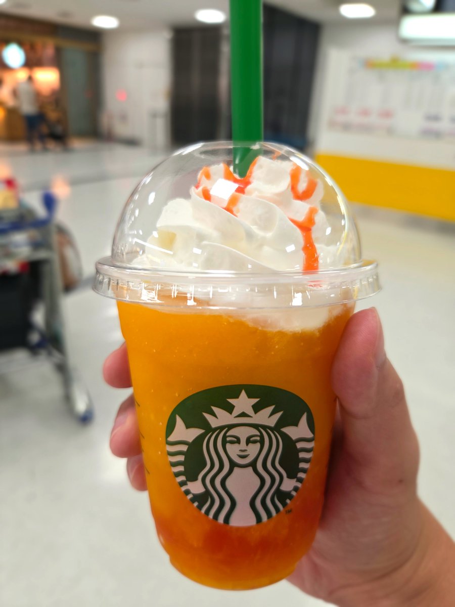 403LV's tweet photo. ねこさんがスタバでなんか…限定の…マンゴーのやつを飲んでみろって言ってた記憶がして、空港のスタバでぎゅぎゅなんちゃらプラぺチーノを飲みました。
なんかつぶつぶして爽やかで良かったです！
でも後から確認したらおすすめしたのってティーの方でした！！でも美味しい！！
#みてみてひだりてねこ https://t.co/59yu4nPttI