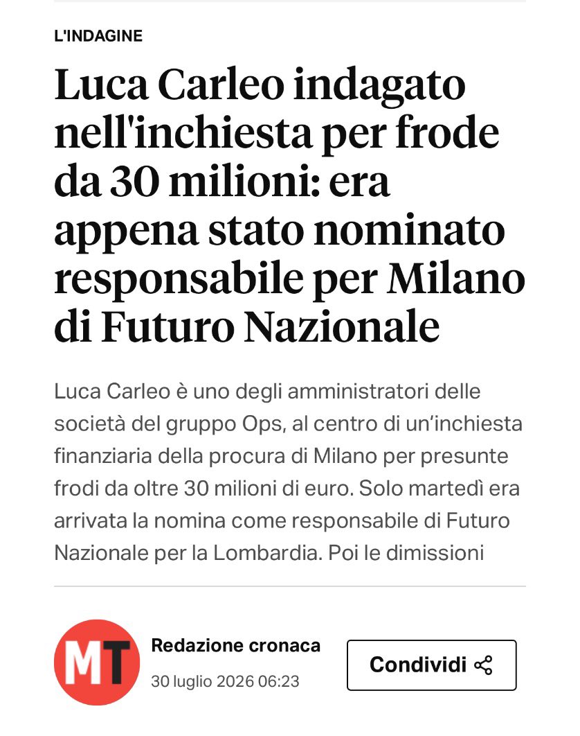 Frances99687883's tweet photo. La nomina a responsabile vicario regionale di #FuturoNazionale per la #Lombardia,è durata appena due giorni. #Dimissioni per #LucaCarleo, #indagato per #frode da oltre 30 mln nell’inchiesta sulla scalata in Borsa delle società del gruppo #Ops. #feccia https://t.co/vjXZZSjICd