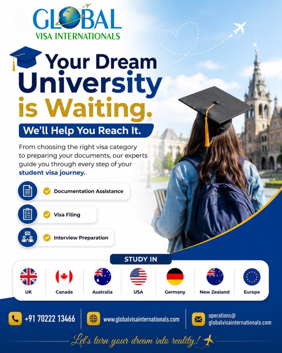 GLOBALVISA1505's tweet photo. Your dream university is closer than you think!
Get expert support with documentation, visa filing, and interview preparation for the UK, Canada, Australia, USA, Germany, New Zealand & Europe
📞 +91 70222 13466
#StudyAbroad #StudentVisa #GlobalVisaInternationals #StudyOverseas https://t.co/2KQ2V4O2ds