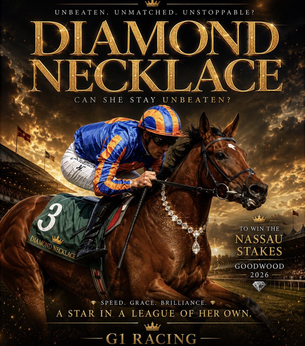 g1_racing's tweet photo. 💎 Can Diamond Necklace stay unbeaten?

An unblemished record goes on the line in today’s Nassau Stakes at Goodwood.

#DiamondNecklace #NassauStakes #Goodwood #HorseRacing #Group1 #RacingTwitter 

@RacingTV @nickluck @itvracing @olibellracing @MCYeeehaaa https://t.co/vipVKc162A