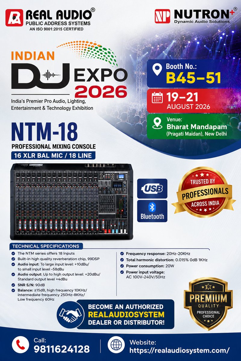 realaudio_dj's tweet photo. 🎧NutronPlus NTM-18 Audio #Mixer with 16 XLR Bal Mic / 18 Line | #Echo &amp; MP3 Player | Professional #AudioMixer Meet In Indian #DJExpo 2026 

🤝 Become a Real Audio System #Dealer or #Distributor Today!
📞 9811624128
🌐 https://t.co/9NNO4y8ZeA 
#IndianDJExpo2026 #NutronPlus #NTM18 https://t.co/9zEh97oOvY