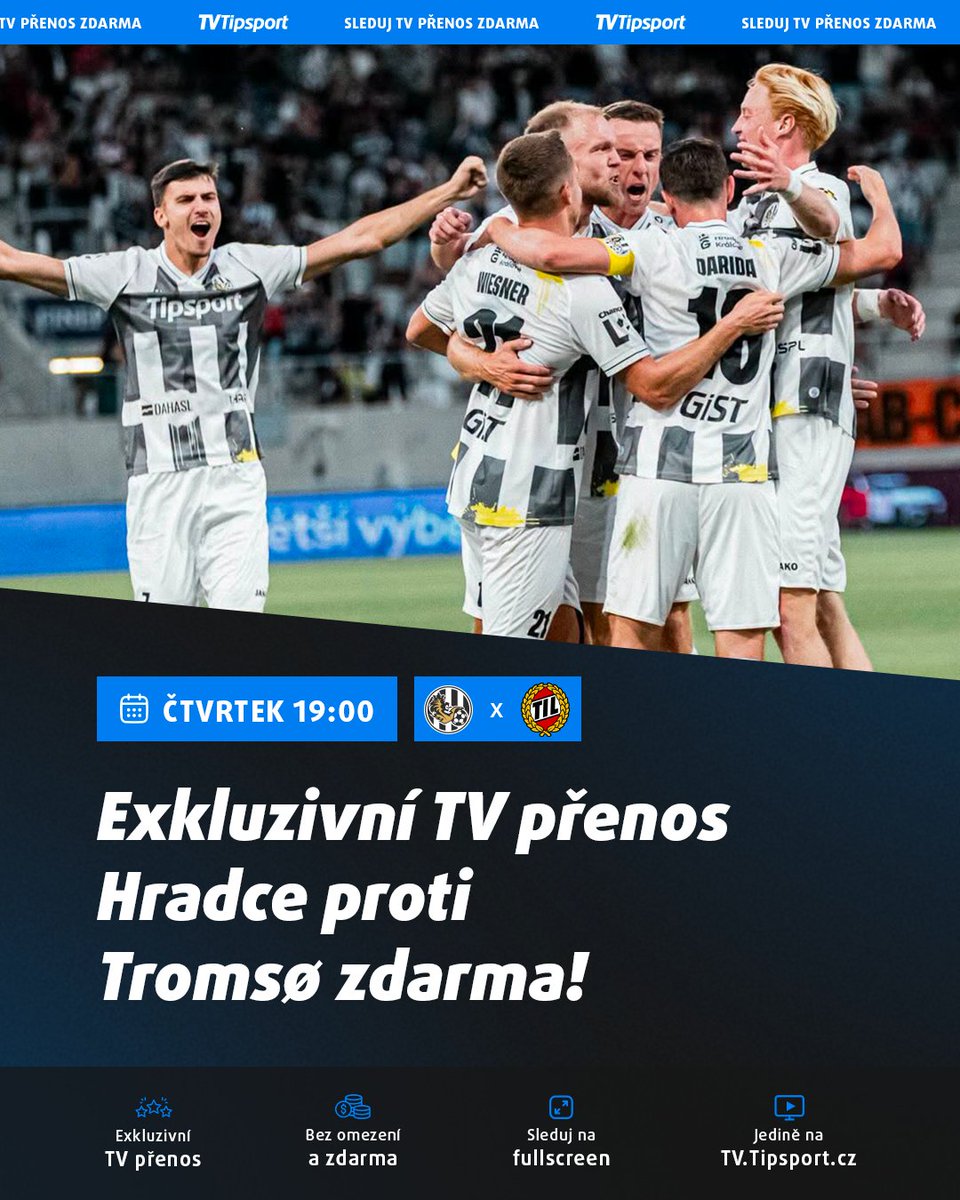 tvtipsport's tweet photo. Čas na odvetu! @FCHradec doma hostí Tromsø s jednogólovým náskokem v zádech. Bude slavit postup? 

Přímý přenos zdarma, v plné TV kvalitě a s českým komentářem už v 19:00 exkluzivně na https://t.co/eZM5278g73  📺 https://t.co/XqoXO2BCJS