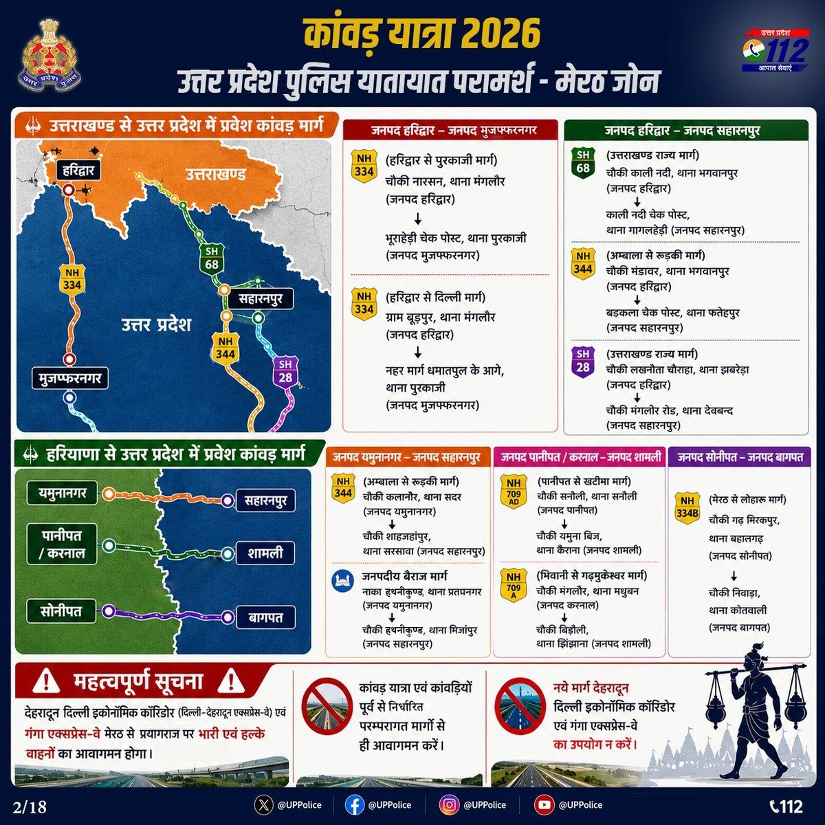 Uppolice's tweet photo. #KanwarYatra2026 |  ट्रैफिक एडवाइजरी 🚦मेरठ जोन 

हमारा संकल्प — Zero Incident. Zero Accident.

सुरक्षित, सुगम एवं निर्बाध यात्रा के लिए जारी यातायात परामर्श का पालन करें।

#ZeroIncidentZeroAccident
#UPPolice
1/4 https://t.co/a5HgWkA3uk
