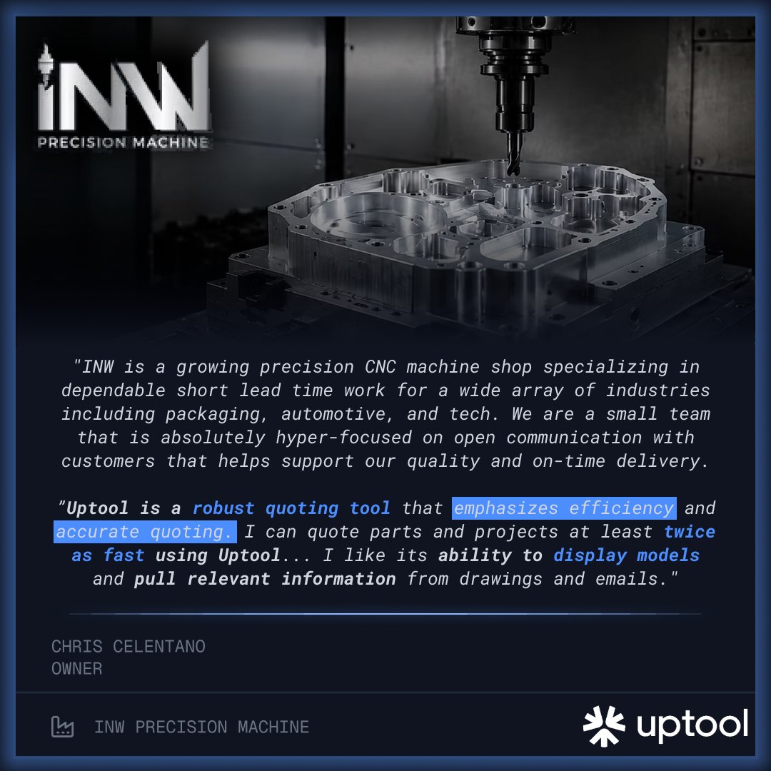 uptool_ai's tweet photo. New customer spotlight: INW is a growing precision CNC machine shop based in WA. They specialize in dependable short lead time work for a wide array of industries. For more information on Uptool and the customers we serve, please visit https://t.co/jvI7GJlyZB https://t.co/ix5TlOsG3w