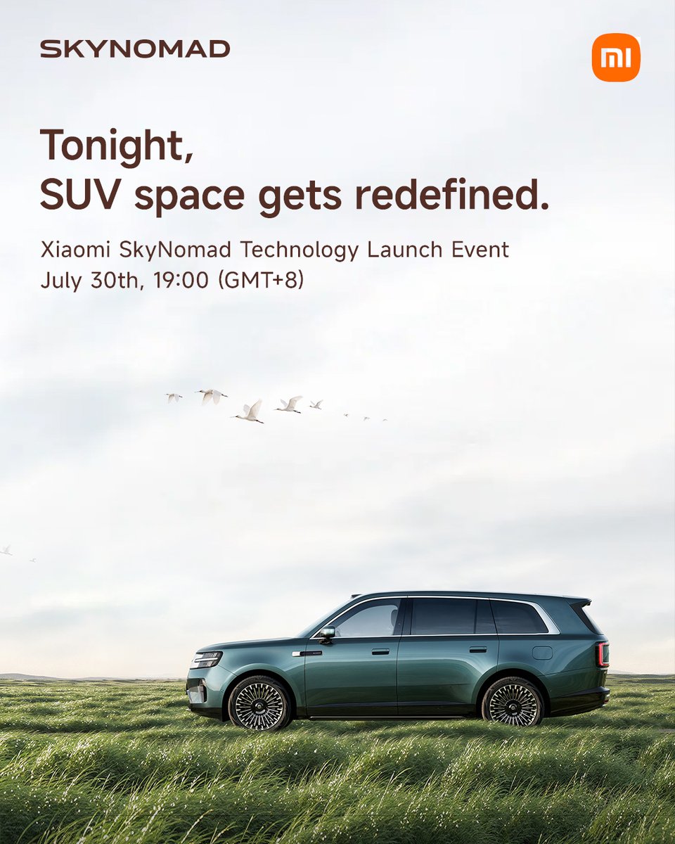 Xiaomi's tweet photo. Xiaomi SkyNomad marks the second chapter of Xiaomi EV, three years in the making.

Join us tonight at 19:00 (GMT+8) to witness new technological breakthroughs and discover a new answer to SUV space.

Watch the official livestream of the Xiaomi SkyNomad Technology Launch Event. https://t.co/mhjfHLfsyi