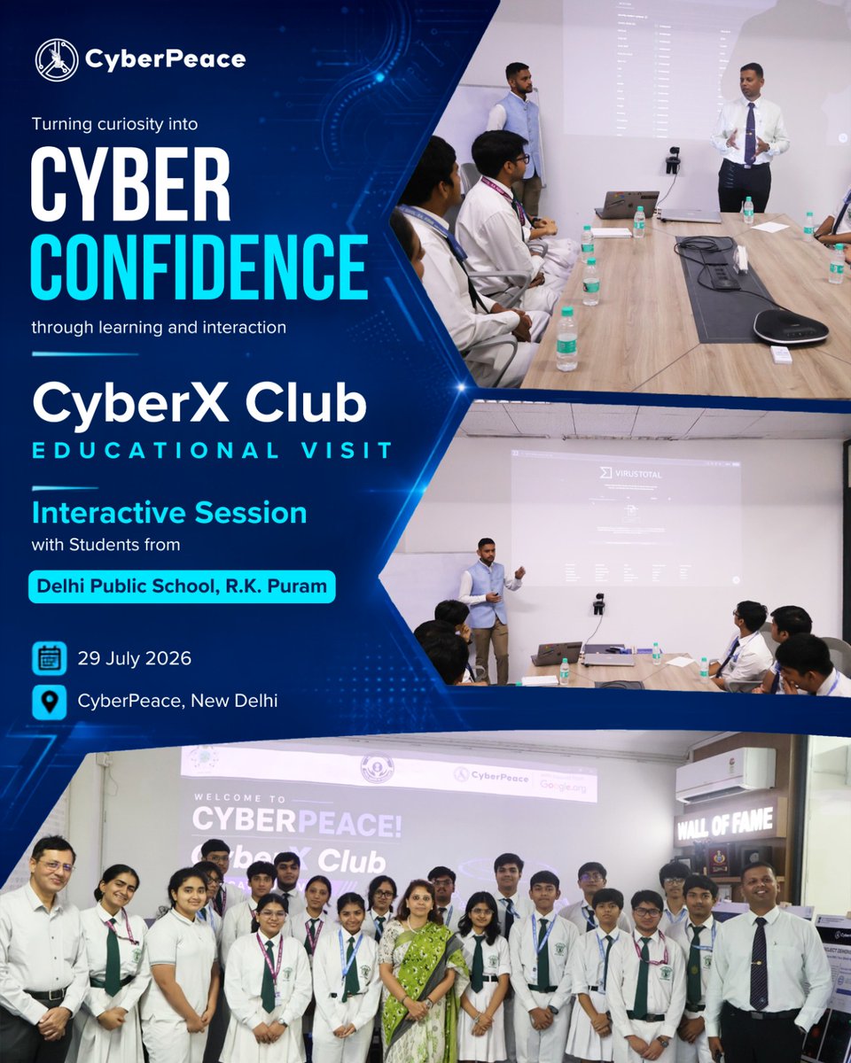 cyberpeacengo's tweet photo. Turning curiosity into cyber confidence.

CyberPeace was delighted to welcome students from Delhi Public School, R.K. Puram as part of the CyberX Club Educational Visit—an interactive learning experience designed to build cyber confidence through curiosity, collaboration, and hands-on engagement.

During the session, students explored:
🔹 Cyber hygiene and digital safety best practices
🔹 Online scams, phishing, and social engineering
🔹 AI-powered cyber threats and responsible AI use
🔹 Safe social media habits and digital citizenship
🔹 Career pathways and emerging opportunities in cybersecurity

#CyberPeace☮️ #CyberXClub #CyberConfidence #CyberSecurity #DigitalSafety #CyberAwareness