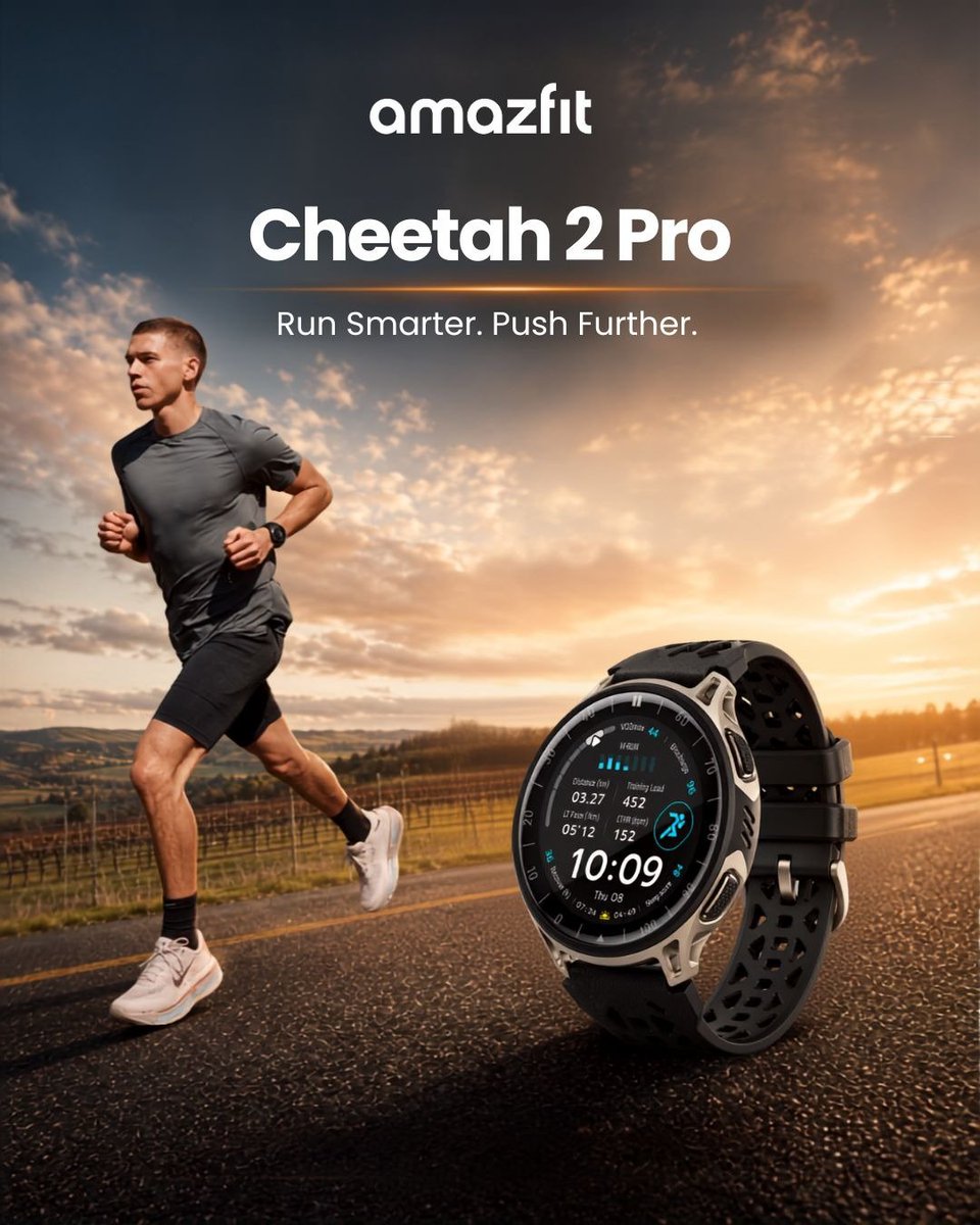 AmazfitIN's tweet photo. Amazfit Cheetah 2 Pro is built to help you track your pace, performance, and every finish-line moment. https://t.co/xRXJbHE8n7