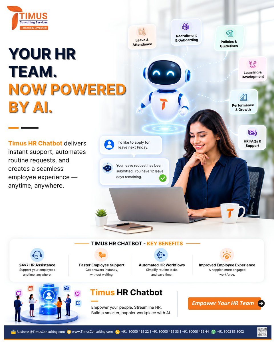 TimusServices's tweet photo. HR shouldn't be slowed down by repetitive tasks.

The Timus HR Chatbot automates routine HR requests, delivers instant support, and enhances employee experience.

Book your demo: https://t.co/FrDAsIut5O

#HRTech #AI #EmployeeExperience #TimusConsultingServices https://t.co/KzqcbLFlOw