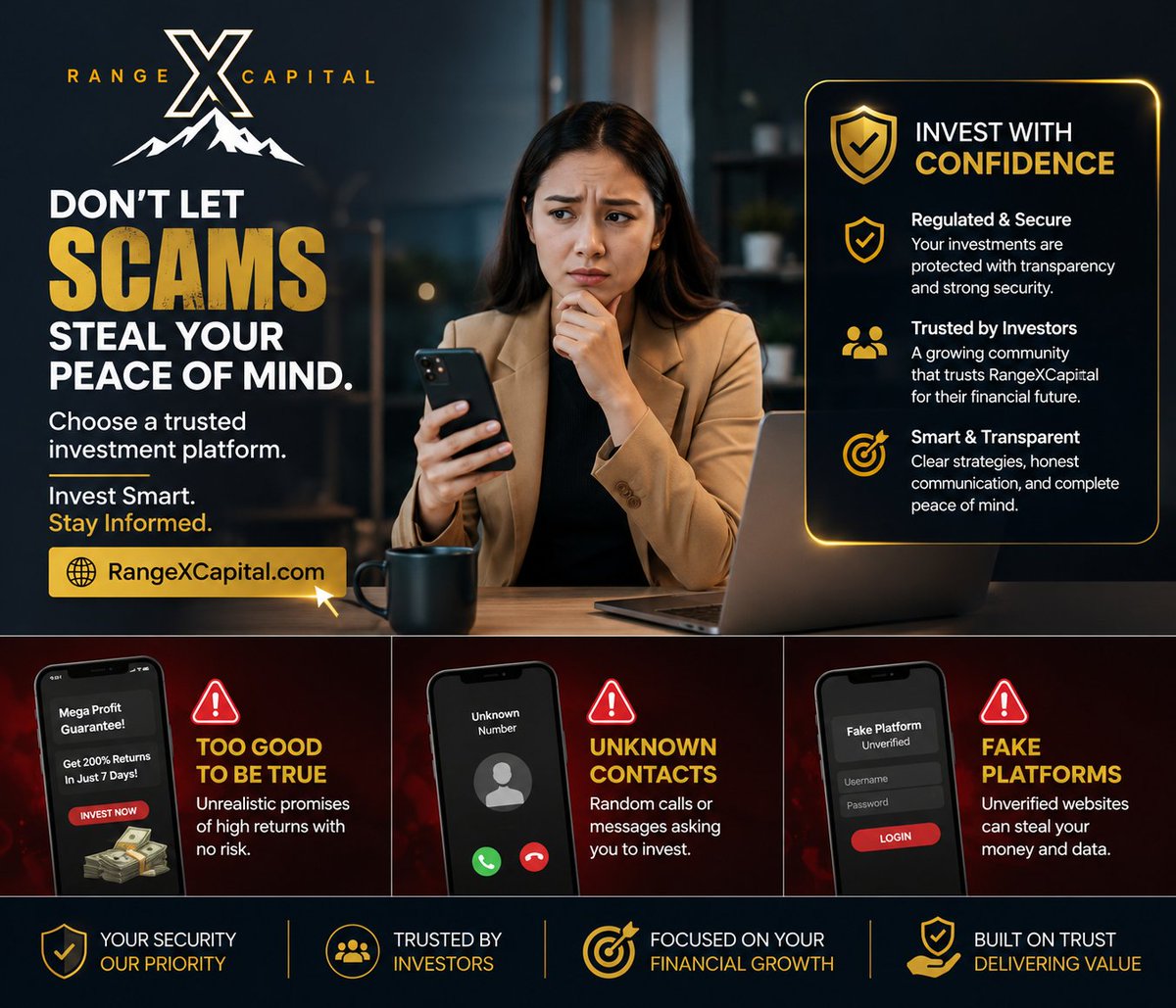 rangeempire's tweet photo. Scams promise everything. Legitimate platforms deliver transparency. Protect your wealth. Invest with regulated, trusted companies.
#RangeXCapital #RangeEmpire #InvestmentSecurity #ScamAwareness #ProtectYourWealth #SecureInvesting #TrustedPlatform #SmartChoices https://t.co/o0WwoXPjUI
