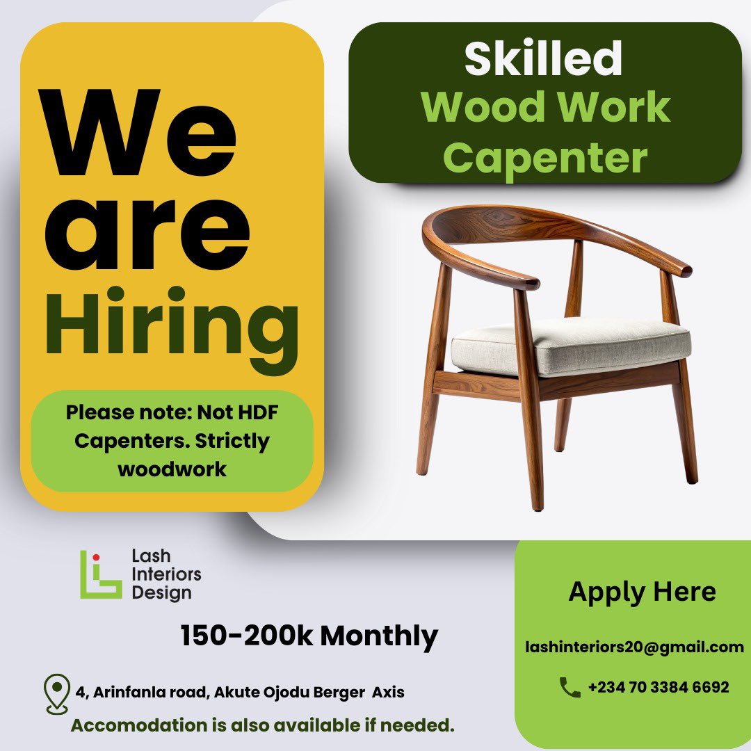 JobberRecruit's tweet photo. WE’RE HIRING: SKILLED WOODWORK CARPENTER

📍 Location: Akute, Ojodu Berger Axis, Lagos
💰 Salary: ₦150,000 – ₦200,000/Month
🏠 Accommodation: Available (if needed)

Requirements

Skilled in woodwork carpentry only (Not HDF carpentry)
Experience in furniture production and finishing
Attention to detail and quality craftsmanship
Reliable and able to work independently

Apply Now

📧 lashinteriors20@gmail.com
📱 07033846692