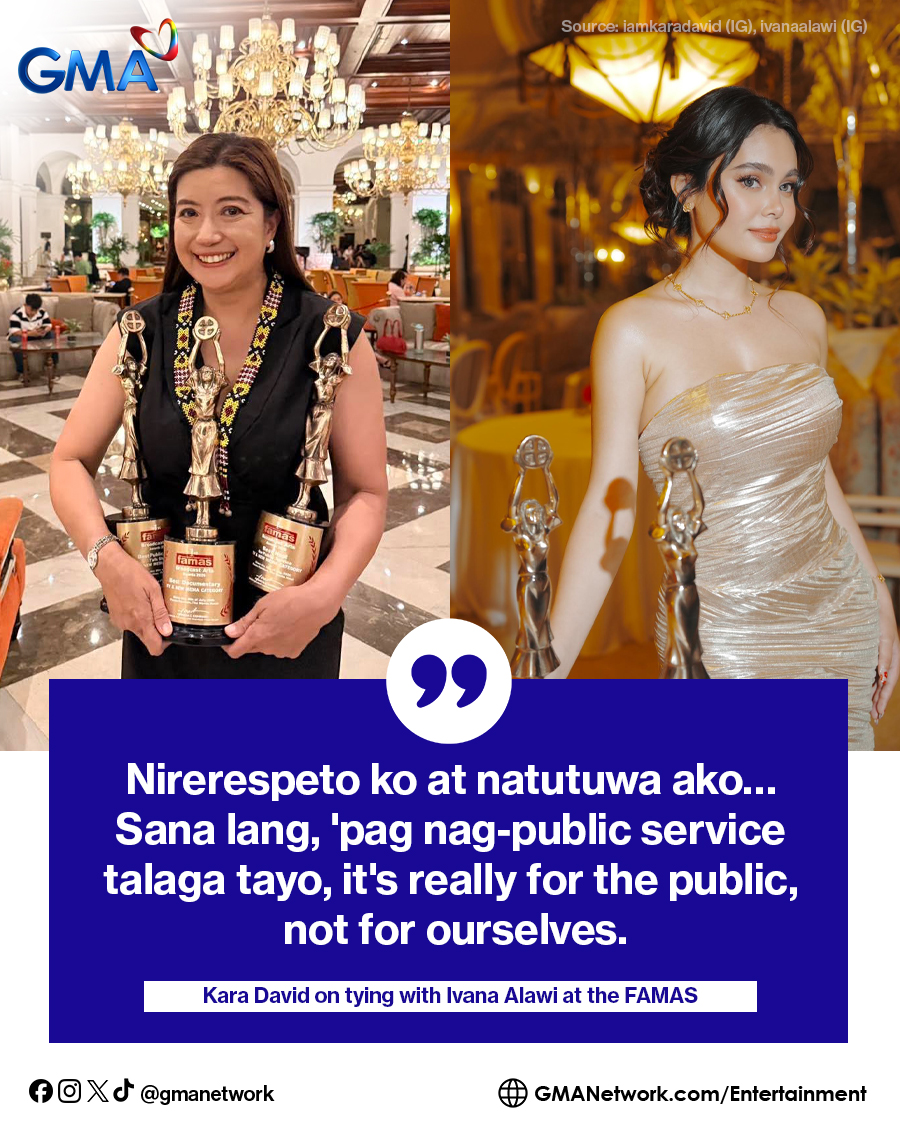 gmanetwork's tweet photo. Nakakuha ang #iWitness documentarist at journalist na si #KaraDavid ng tatlong awards sa naganap kamakailan lang na FAMAS Broadcast Arts Awards. Kabilang sa mga awards na natanggap niya ay ang shared spot nila ng aktres na si #IvanaAlawi para sa Best Host for Public Service.
Sa #FastTalkWithBoyAbunda, sinabi ni Kara na nirerespeto niya ang iba't ibang platforms, kabilang na ang journalism at vlogging.
Basahin ang buong kuwento RITO: https://t.co/0R3uEqw6Ty
#KapusoShowbizNews