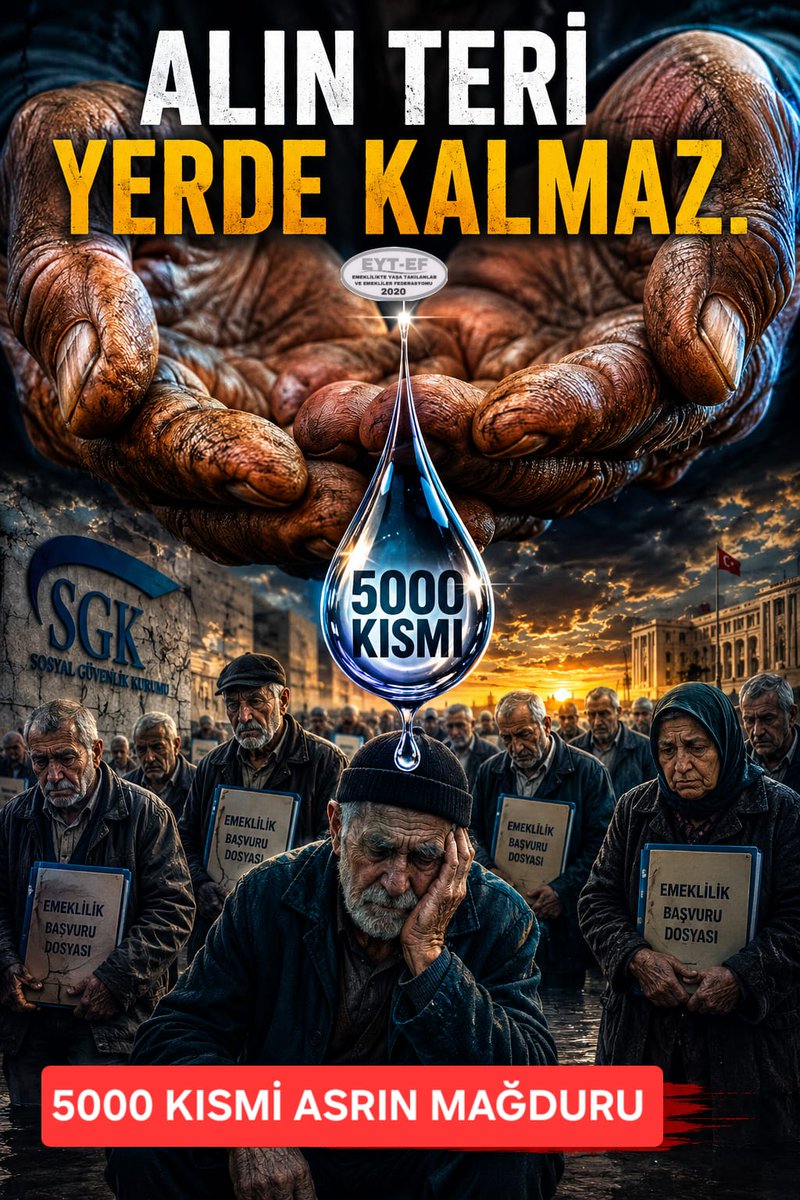 EytEmeklilerFed's tweet photo. EYT
👇
#5000KısmiAsrınMağduru

5000 Kısmi yolda kaldı.
Yıllar geçti ömür azaldı.

Alın teri yerde kalmaz.
Bu mağduriyet asra sığmaz.

Emek var hak var.
Her yürekte sitem var.

Unuttu sanmayın bizi.
Adalet bekleyen yüzbinler var.

#YüzyılınMağduruEmekliler
@RTErdogan
@isikhanvedat https://t.co/0SteBvrCna