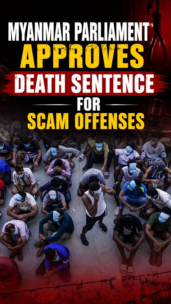 Myanmar_Watch12's tweet photo. Myanmar tightens its crackdown on cybercrime as Parliament approves the death penalty for scam-related offenses. A landmark move that sparks global debate. ⚖️🇲🇲 #myanmar #cybercrime #scams #breakingnews #asia #crime #justice #whathappeninginmyanmar https://t.co/6tRbWWVHnX