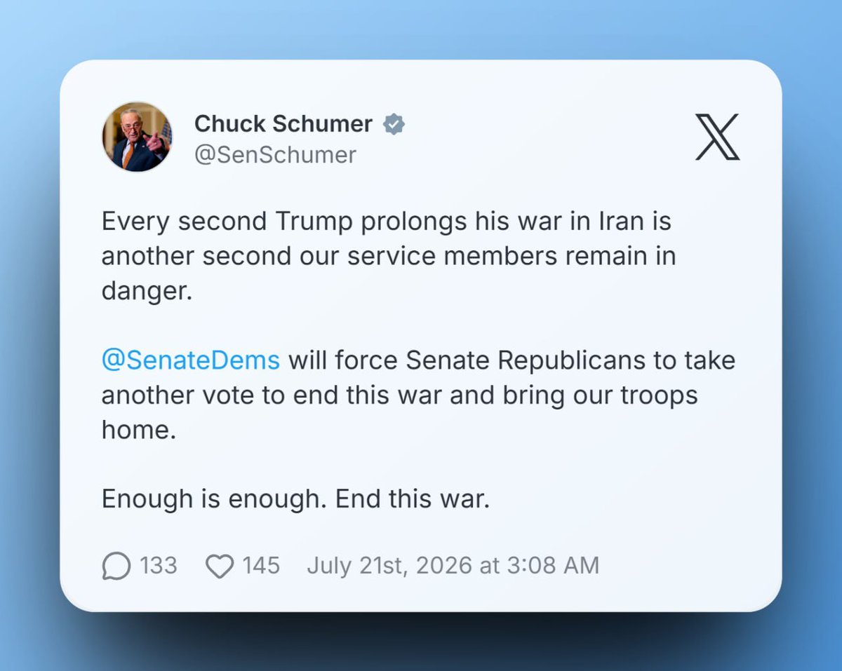 Millie_here90's tweet photo. 🔴 US Senator Chuck Schumer on US aggression againt Iran:

Every second Trump prolongs his war in Iran is another second our service members remain in danger...

Enough is enough. End this war.
#Farisiniran #StandForPeace #Iran #SupportHumanRights #WorldSupport #Hope https://t.co/pRQz76qQz7