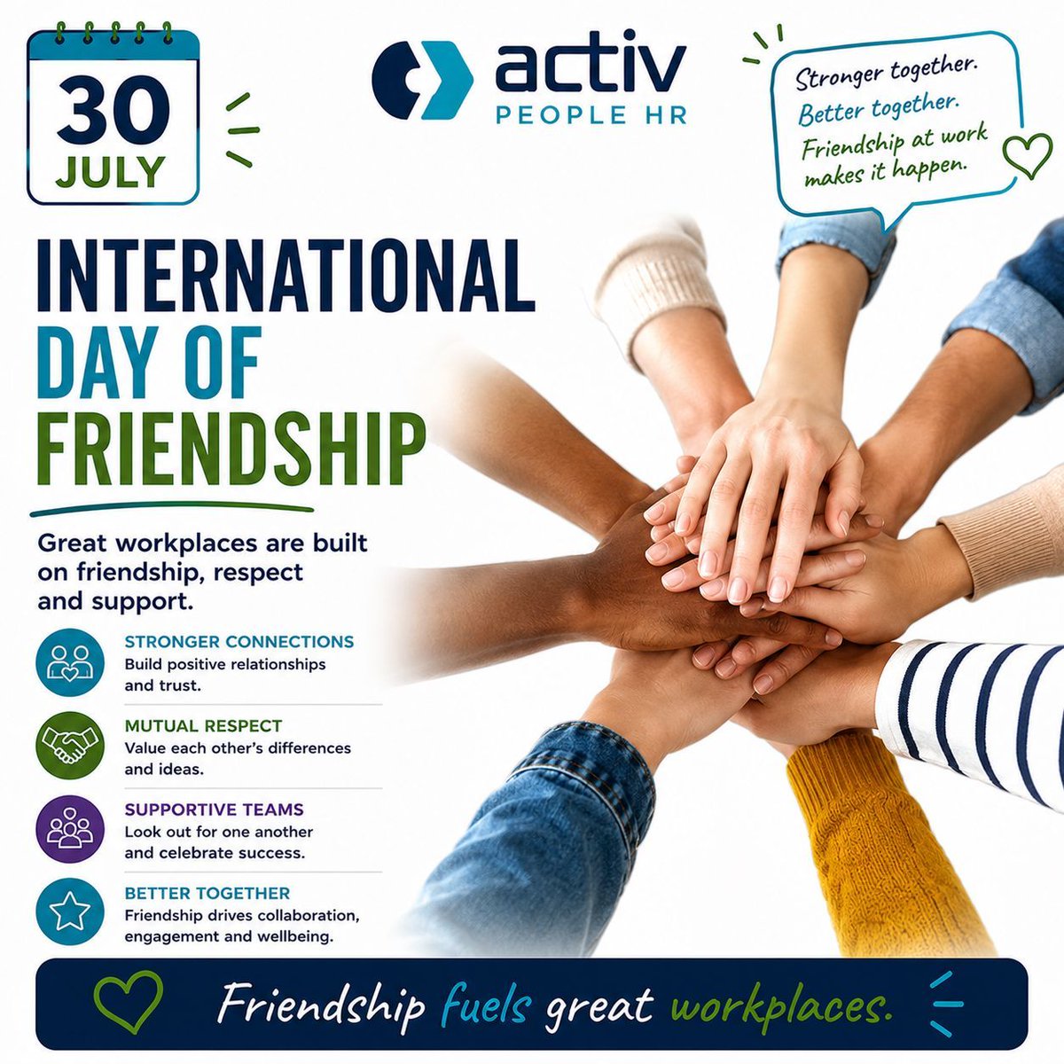 activpeoplehr's tweet photo. Happy International Day of Friendship 💙

Strong workplaces are built on:

🤝 Trust
💬 Respect
😊 Support
👥 Teamwork

Because great teams aren't just colleagues—they're people who help each other succeed.

#InternationalDayOfFriendship #WorkplaceCulture #Leadership #APHR https://t.co/fBhsflOahR