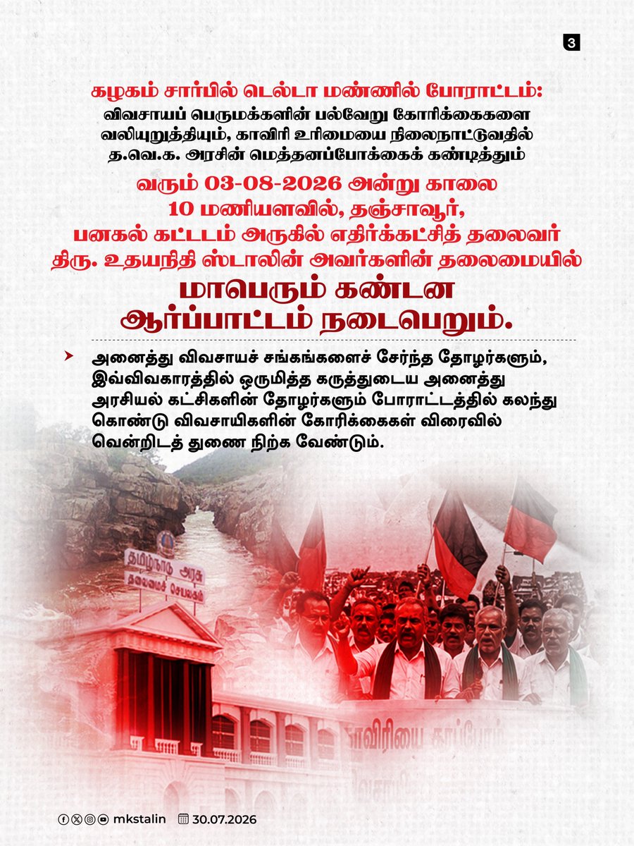 mkstalin's tweet photo. 🛑 பயிர்க்கடன் தள்ளுபடியில் ஏமாற்றம்
🛑  மேகதாது அணை விவகாரத்தில் மெத்தனப் போக்கு
🛑  மேட்டூர் அணை திறக்கப்படாததால் குறுவை சாகுபடி பாதிப்பு 
🛑 அனைத்துக் கட்சிக் கூட்டம் கூட்டாமல் காலம் தாழ்த்தல்

என விவசாயிகளை எல்லா வகையிலும் வஞ்சித்து வேதனையில் தள்ளியிருக்கிறது செயல்படாத த.வெ.க. அரசு!

தமிழ்நாட்டின் காவிரி நீர் உரிமையை நிலைநாட்ட உறுதியான நடவடிக்கைகளை எடுக்கவும், டெல்டா விவசாயிகளுக்குச் சிறப்பு நிவாரணத் தொகுப்பை அறிவிக்கவும் வலியுறுத்தி மாண்புமிகு சட்டமன்ற எதிர்க்கட்சித் தலைவர் திரு. @UdhayStalin அவர்களின் தலைமையில் 03-08-2026 அன்று தஞ்சையில் மாபெரும் கண்டன ஆர்ப்பாட்டம் நடைபெறும்!

விவசாயிகளின் குரலுக்குத் தூங்குமூஞ்சி த.வெ.க. அரசு செவிசாய்க்க மறுத்தால் மேலும் பெரிய அளவிலான போராட்டங்களைச் சந்திக்க நேரிடும் என எச்சரிக்கிறேன்.