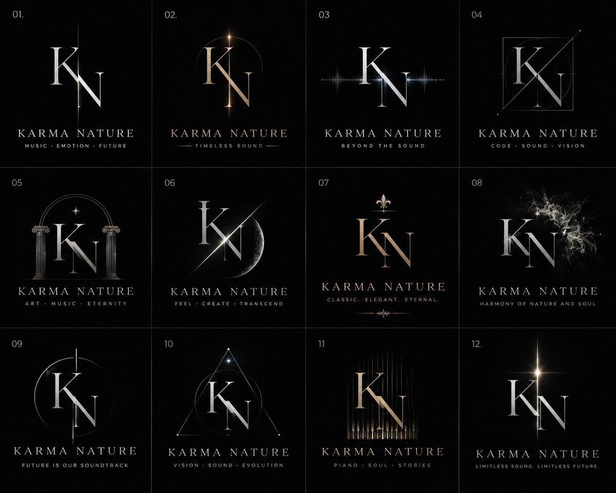 KarmaNature's tweet photo. 皆様へ質問です。

僕の今後のアーティスト活動に使用するロゴのデザインを現在迷っております。

画像にある01から12のパターンのうち、皆様が良いなと思うデザインの番号を返信しご教示頂けましたら助かります。

是非、よろしくお願い申し上げます。 https://t.co/gQM7ACd71B