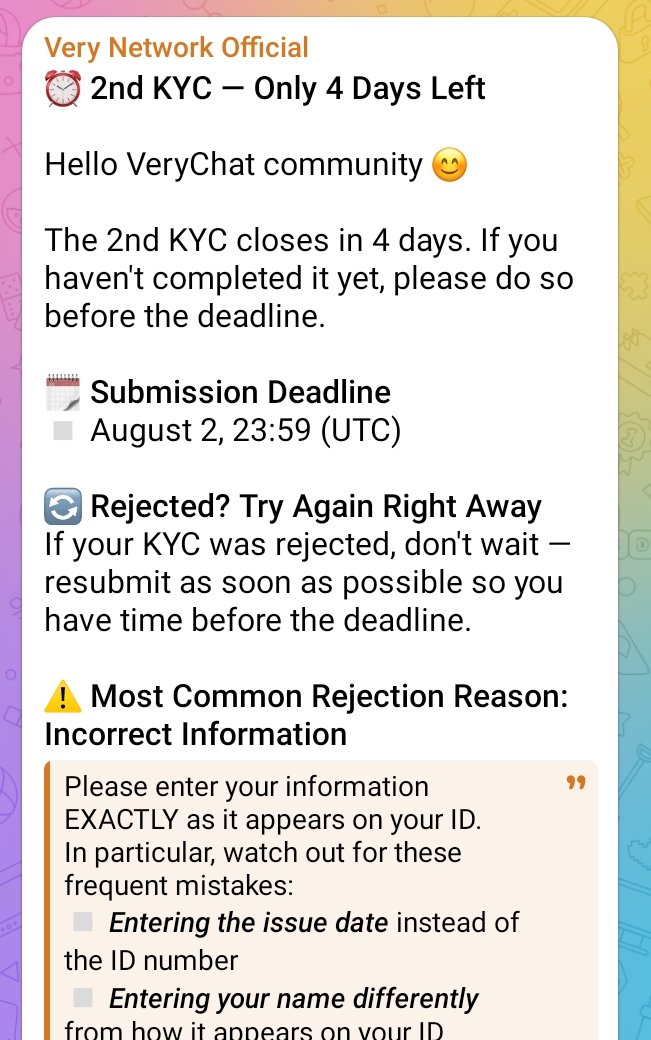 all_airdrop10's tweet photo. 2nd KYC — Only 4 Days Left

Hello VeryChat community 😊

The 2nd KYC closes in 4 days. If you haven't completed it yet, please do so before the deadline.

🗓 Submission Deadline
▫️ August 2, 23:59 (UTC)

New user joining link 👇 

https://t.co/R6fNsVHRGe

#VeryChat https://t.co/1Mn3TJlzwC