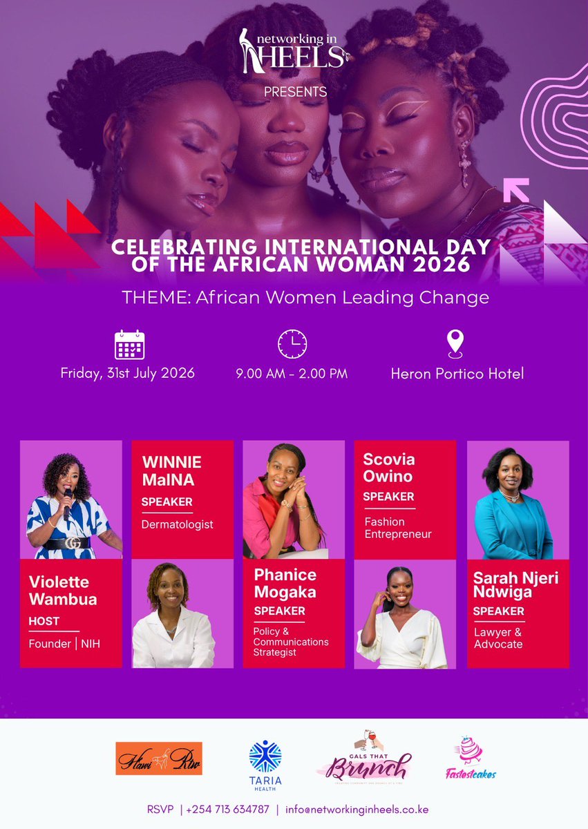 festhubevents's tweet photo. Networking in Heels presents: Celebrating International Day of the African Woman 2026 🌸

Theme: African Women Leading Change

📅 Fri, 31 July | 🕘 9AM–2PM | 📍 Heron Portico Hotel

Speakers: Winnie Maina, Phanice Mogaka, Scovia Owino and Sarah Njeri Ndwiga

Only on Festhub https://t.co/LUWJaRsLdS