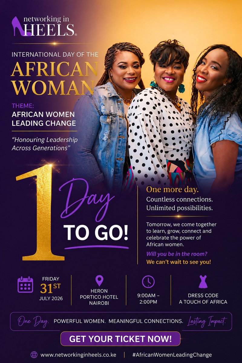 festhubevents's tweet photo. Networking in Heels presents: Celebrating International Day of the African Woman 2026 🌸

Theme: African Women Leading Change

📅 Fri, 31 July | 🕘 9AM–2PM | 📍 Heron Portico Hotel

Speakers: Winnie Maina, Phanice Mogaka, Scovia Owino and Sarah Njeri Ndwiga

Only on Festhub https://t.co/LUWJaRsLdS