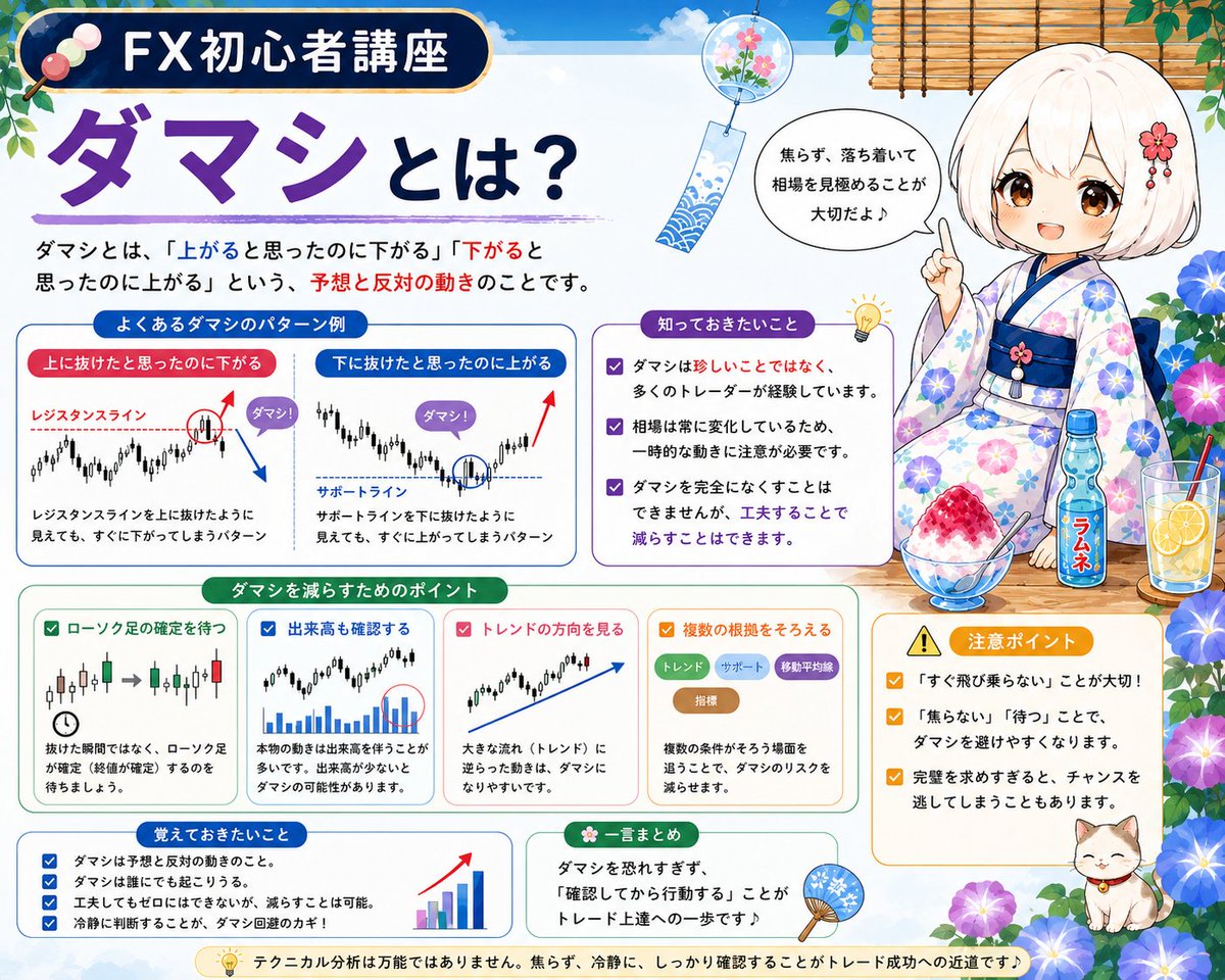 anco_mgmg_fx's tweet photo. 🍡 今日のFX初心者講座

⚠️ ダマシとは、「上がると思ったのに下がる」「下がると思ったのに上がる」という、予想と反対の動きのことです。

📊 相場ではダマシは珍しいことではなく、多くのトレーダーが経験しています。

💡 ダマシを減らすには、ローソク足が確定するまで待ったり、出来高やトレンドも一緒に確認することが大切です。

📈 「すぐ飛び乗らない」「焦らない」ことが、ダマシを避けるコツです。

🔍 ダマシを完全になくすことはできませんが、落ち着いて判断することで減らすことはできます✨
