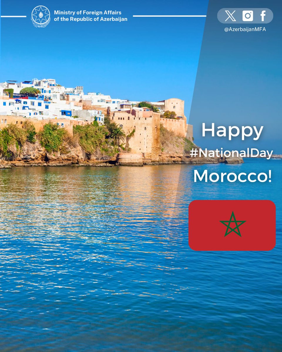 AzerbaijanMFA's tweet photo. Warm congratulations amd best wishes to friendly Morocco and its people on National Day!

Happy National Day, Morocco! 🇦🇿🇲🇦

@Marocdiplo_EN https://t.co/jOh8AfuwC4