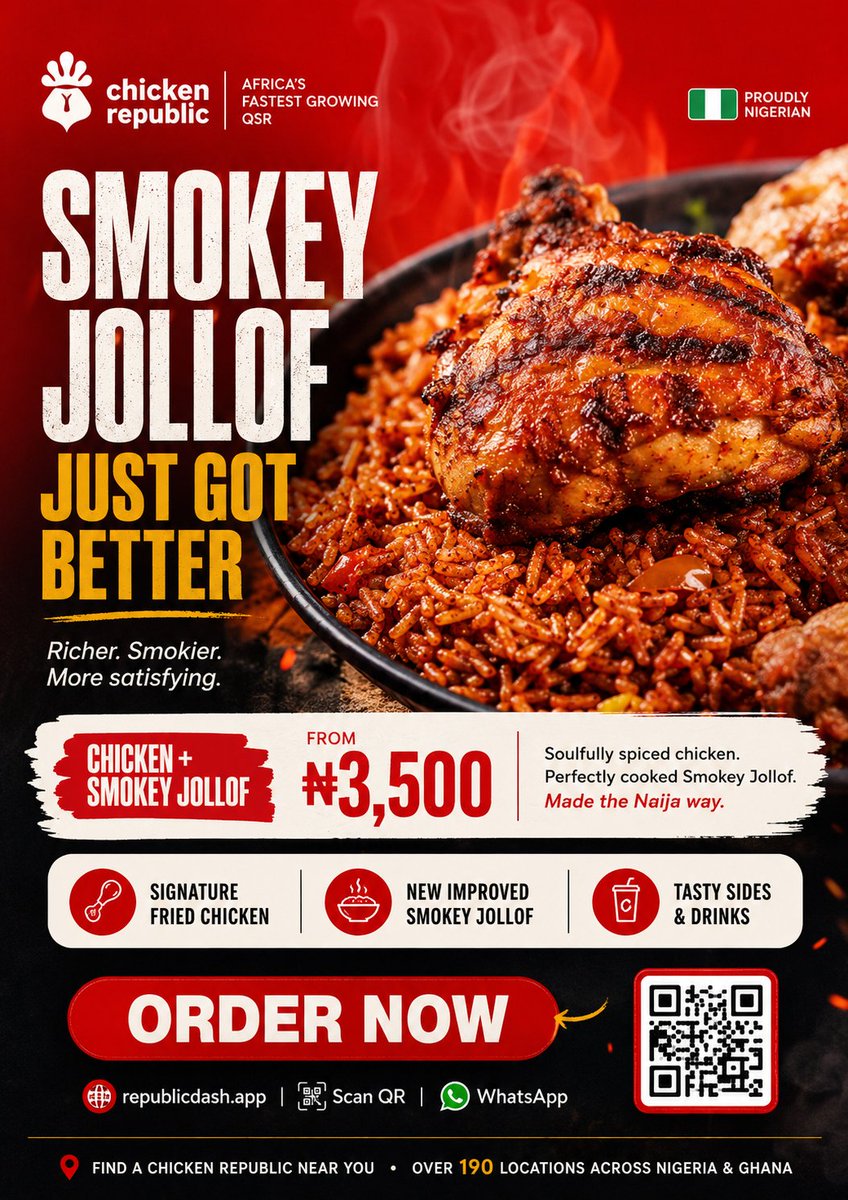 Primecreatives2's tweet photo. 🔥 Smokey Jollof just got BETTER! 🍗
Richer. Smokier. More satisfying.
Grab Chicken + Smokey Jollof from ₦3,500 and enjoy the authentic Naija flavour you love.
🍗 Signature Chicken 🍚 Smokey Jollof 🥤 Tasty Sides &amp; Drinks
#ChickenRepublic #SmokeyJollof #NaijaFood https://t.co/FNzDHN0FSW