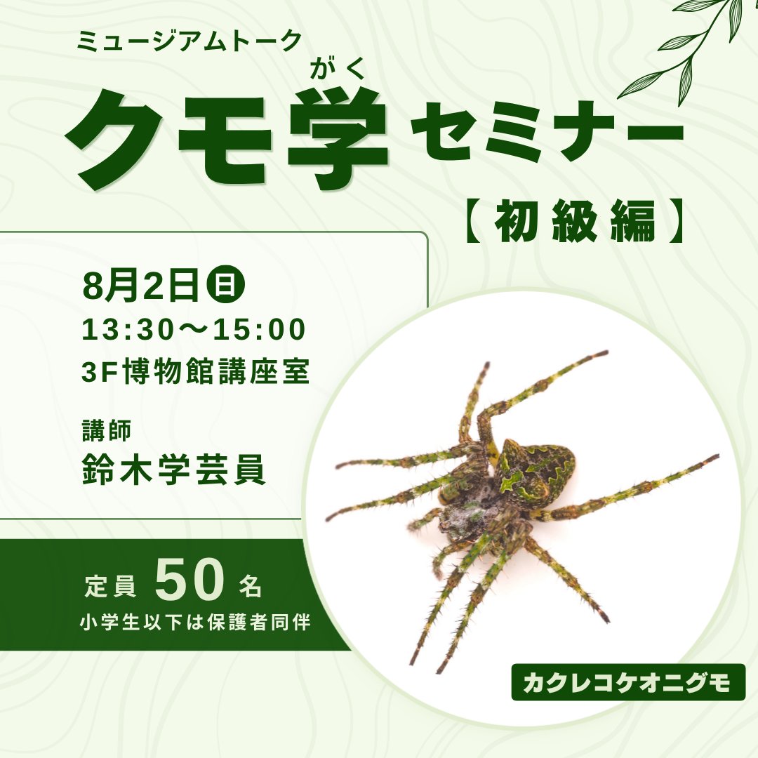 tokushima_mus's tweet photo. 【📢ミュージアムトーク開催🕷️ 】

鈴木学芸員によるミュージアムトーク「クモ学セミナー初級編」を開催します！
クモの体のつくりや分類、種類の調べ方をはじめとするクモ学の基礎を学びます。目指せクモ博士！
(続く→) https://t.co/zQtHFP4296