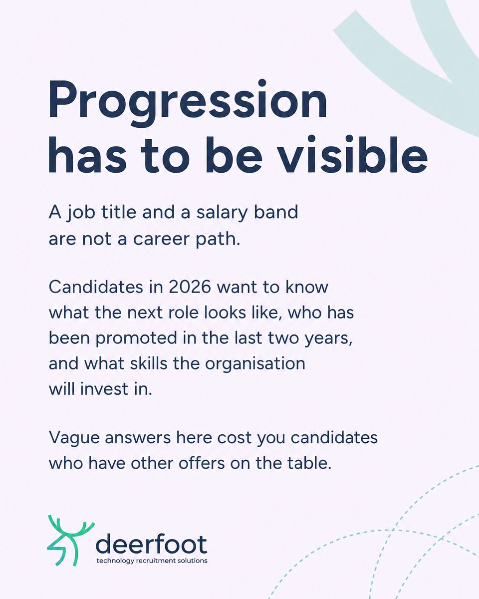 DeerfootRec's tweet photo. Salary opens the conversation in 2026. It rarely closes it.

Pay has stabilised, so offers now stall on hybrid clarity, visible progression and how current engineers talk about the work. The signal underneath all three is trust. https://t.co/TfauzALZDz