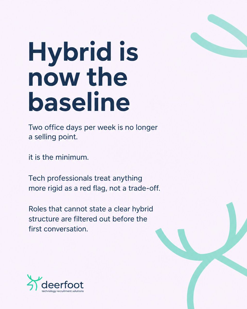 DeerfootRec's tweet photo. Salary opens the conversation in 2026. It rarely closes it.

Pay has stabilised, so offers now stall on hybrid clarity, visible progression and how current engineers talk about the work. The signal underneath all three is trust. https://t.co/TfauzALZDz