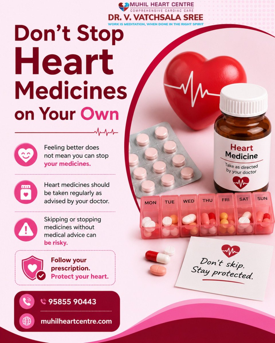 MuhilHeart_'s tweet photo. Feeling better doesn’t mean your heart treatment is finished. 💊❤️

Heart medicines work best when taken exactly as prescribed. #HeartMedication #MedicationAdherence #TakeYourMedicine #HeartHealth #CardiacCare #HeartTreatment #MedicineSafety #PatientAwareness #HealthyHeart https://t.co/4rCtynO8eN