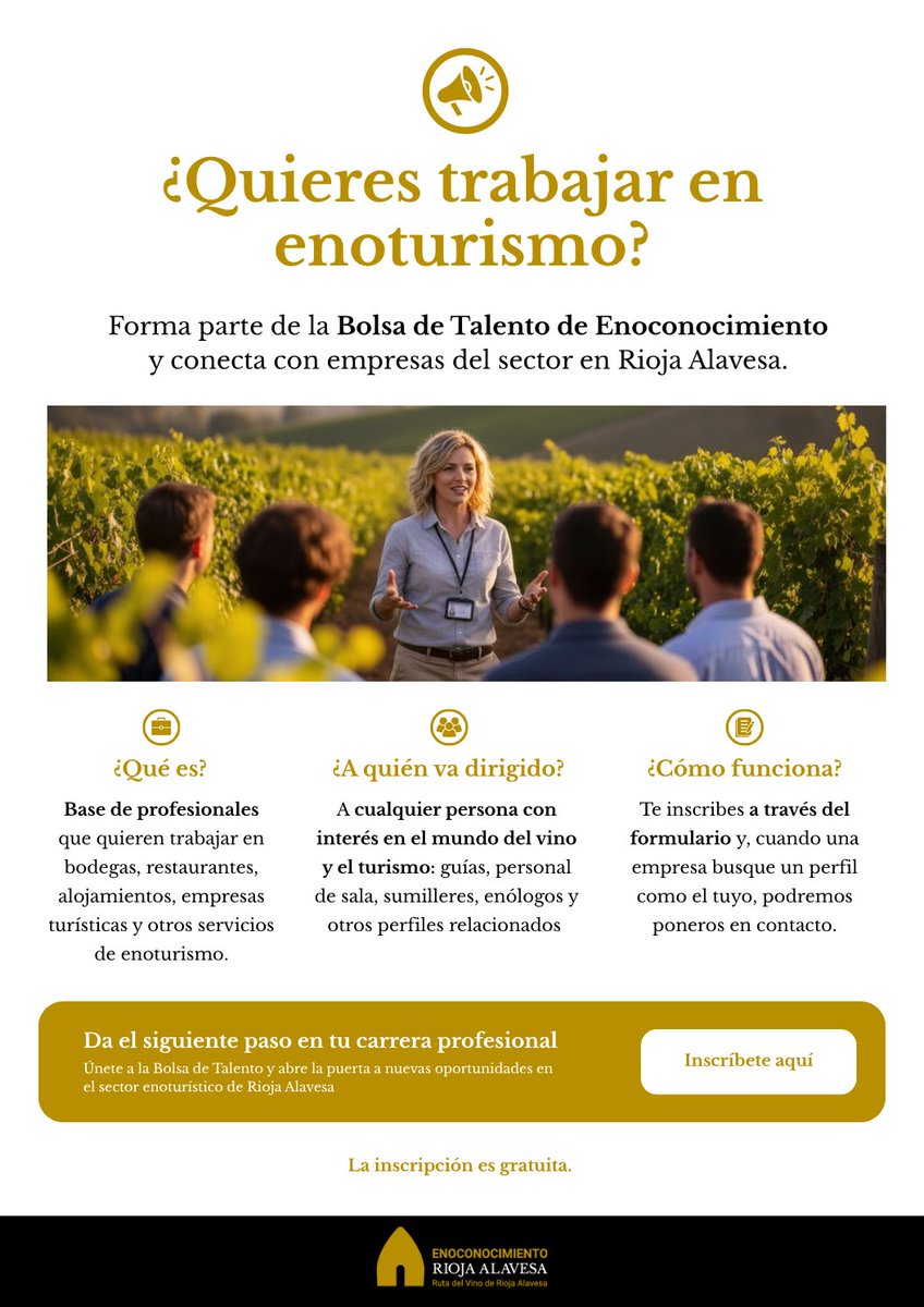 RiojaAlavesa's tweet photo. 🍇 ¿Quieres trabajar en el sector enoturístico de Rioja Alavesa?

Inscríbete en la Bolsa de Talento de Enoconocimiento y conecta con empresas del sector.

📝 https://t.co/KF5nmj8gsI

#Enoconocimiento #Enoturismo #Empleo https://t.co/MX7f1BOq5d