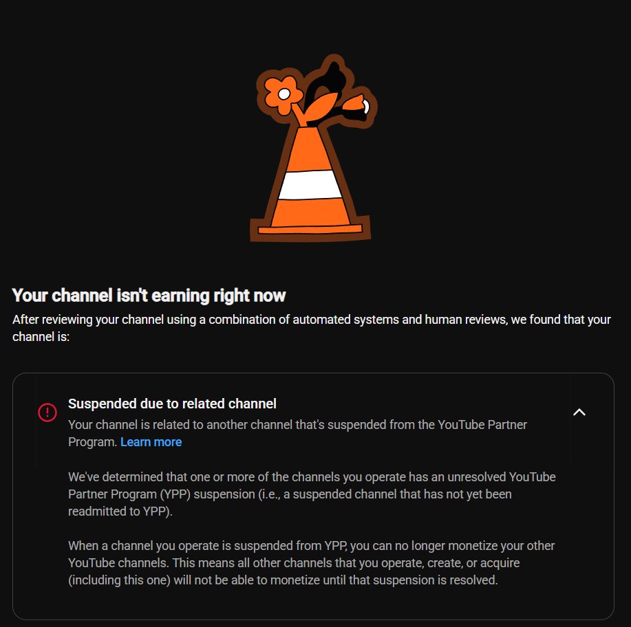 TAYL9N's tweet photo. Ggs. Domino effect has demonetized all my channels.

The appeal on the original channel got rejected.

Earnings havent been finalized either so thats a big loss.

Alhamdulillah.

Time to rebuild everything i guess. https://t.co/l5fV1ZrGNQ