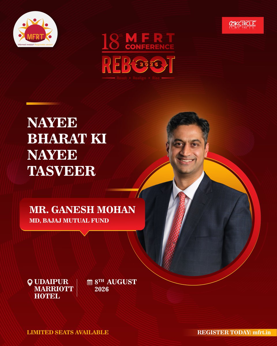 mfrtind's tweet photo. Mr. Ganesh Mohan, MD, Bajaj Mutual Fund (@bajajfinservmf), joins the 18th MFRT Conference to explore India’s evolving growth story &amp; the opportunities shaping the future of the mutual fund industry. This is not just change. It’s the #REBOOT of a new India. #MFRT2026
@cafemutual https://t.co/O15dJ6L6wF