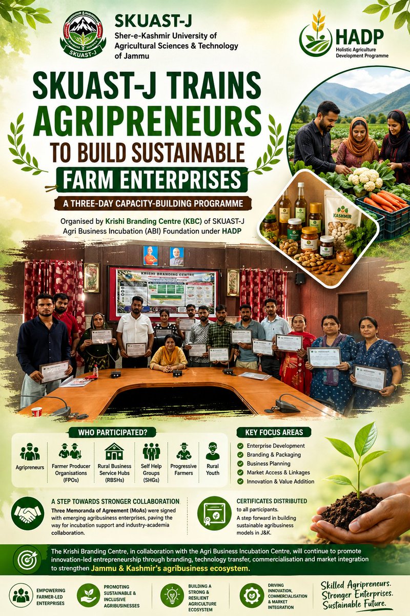 jindadlKashmir's tweet photo. 🌾 Empowering rural entrepreneurship in Jammu & Kashmir.
Under the #HADP, #SKUASTJ has trained agripreneurs, FPOs, SHGs and rural youth to build sustainable agribusinesses through branding, enterprise development and market integration. The programme also saw the signing of three MoAs to boost innovation and incubation. 🚜📈
#Agriculture #Agripreneurs #JammuAndKashmir #RuralDevelopment #FarmInnovation