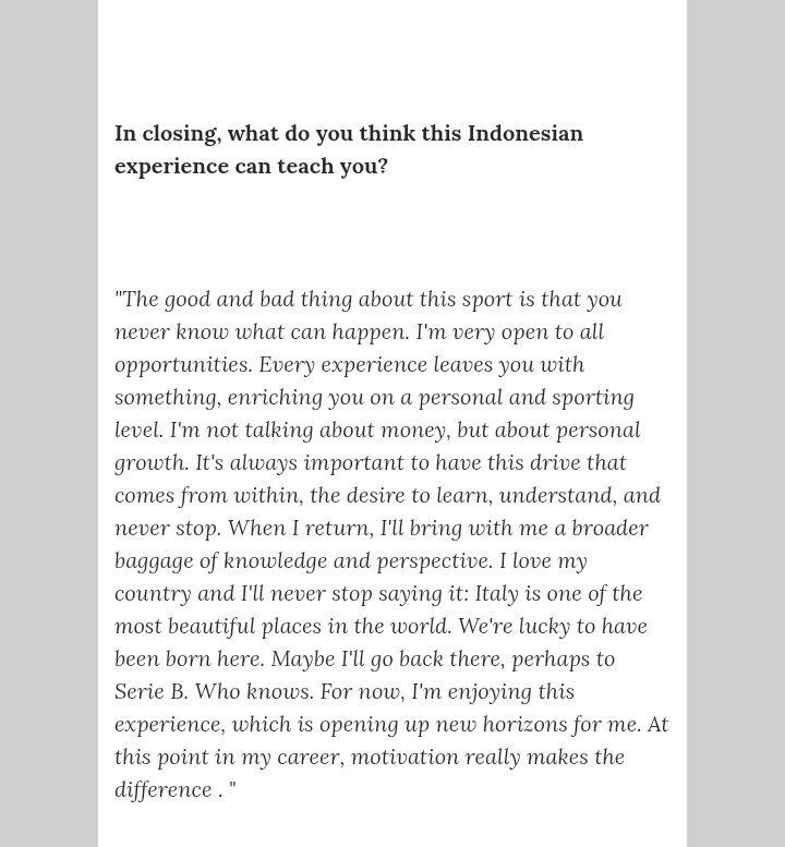 erseee_'s tweet photo. Salah satu wawancara Federico Barba yg menurutku lumayan underrated dan kayaknya (koreksi kalo salah) hampir nggak pernah diangkat di Indonesia.

Sebelum memutuskan gabung Persib, dia ternyata sempet ngobrol dengan Emil Audero dan Stefano Beltrame buat cari tauu soal klub, sepak bola Indonesia, sampai kehidupan di sini. respon yang dia terima soal Persib dan Indonesia semuanya positif

Padahal saat itu dia masih punya beberapa opsi lain. Tapi Persib yang akhirnya dia pilih karena sejak awal membuatnya merasa dihargai dan benar² diinginkan.

Barba juga menggambarkan Persib sebagai klub "Grande", dia bilang banyak orang di Eropa belum sadar seberapa besar klub ini.

Dia memuji profesionalisme Persib, cara klub memperlakukan pemain dan mengaku Bobotoh selalu membuat pemain merasa dihargai. 

Btw, original source-nya berbahasa Italia. yang di slide ini versi english translation.