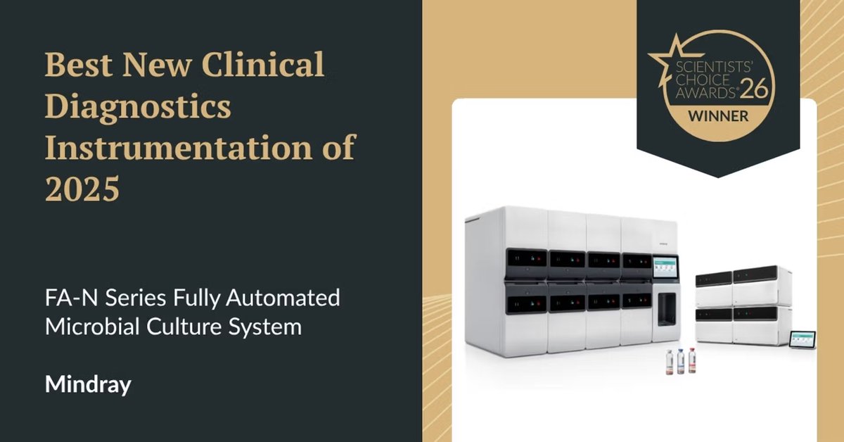 MindrayGlobal's tweet photo. 🏆 Mindray FA‑N Series receives the Scientists’ Choice Award for Best New Clinical Diagnostic Instrument of 2025 at #ADLM.

Recognized by SelectScience for redefining microbiology workflows and boosting lab productivity. Proud moment for global diagnostics! 🔬
#Mindray  #IVD https://t.co/4NAKNeIZ07