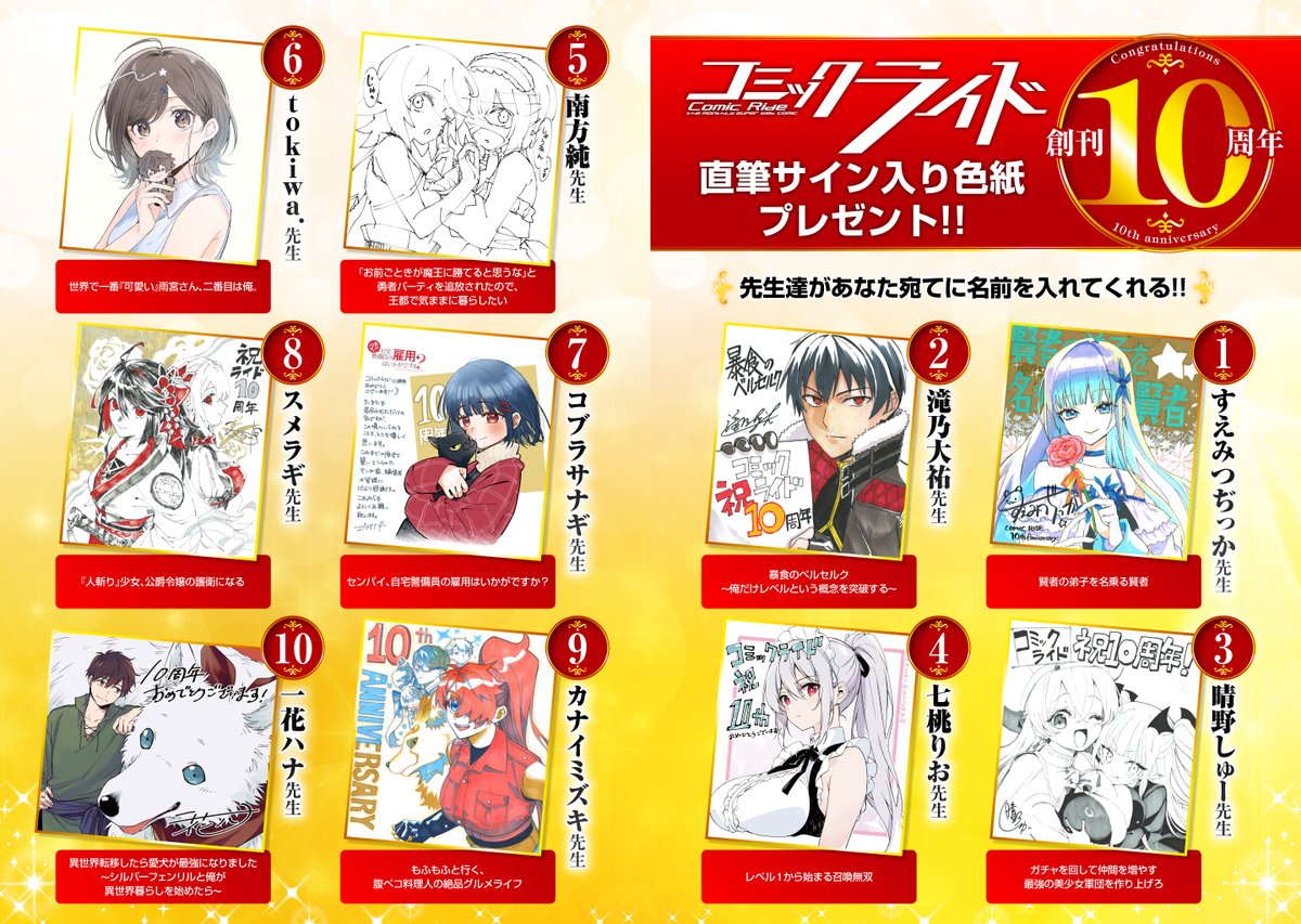 ComicRIDE's tweet photo. ⋱創刊10周年記念⋰
プレゼント企画第3⃣弾
￣￣￣￣￣￣￣￣￣￣￣￣￣
コミックライド10周年を記念して
連載作家陣による
描き下ろし色紙を抽選でプレゼント🎁

ここでしか手に入らない貴重な色紙が
当たるかも……⁉

詳しくは特設サイトをチェック🔽
https://t.co/gLMdrtmFpg