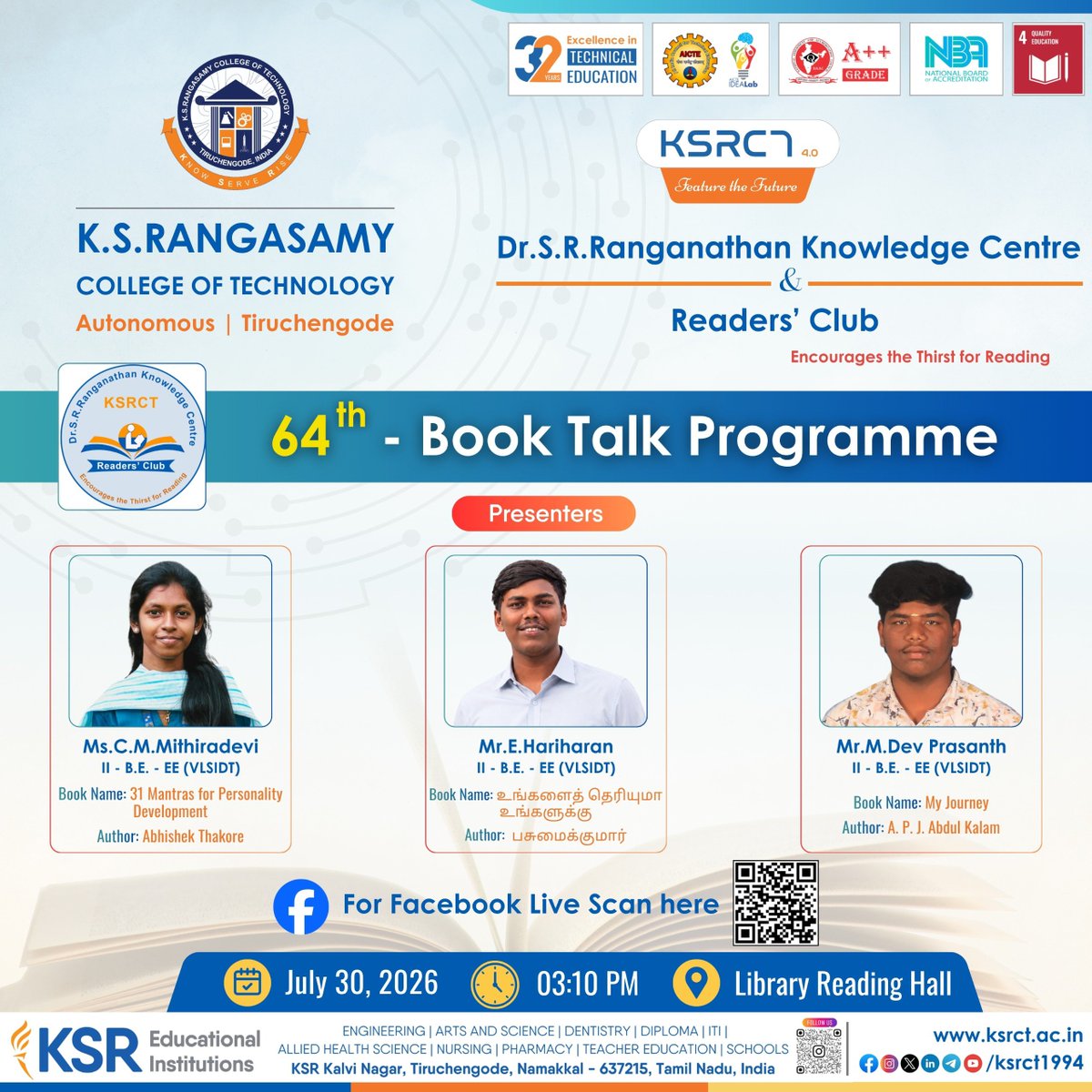 ksrct1994's tweet photo. Dr. S. R. Ranganathan Knowledge Centre and Readers Club of K. S. Rangasamy College of Technology is organizing 64th Book Talk Programme  on July 30, 2026 in Library Reading Hall

All are cordially invited to participate !

#ksrct1994 #ksr #ksrei #DrSRRKC #ReadersClub #Booktalk https://t.co/DGR438BdD1
