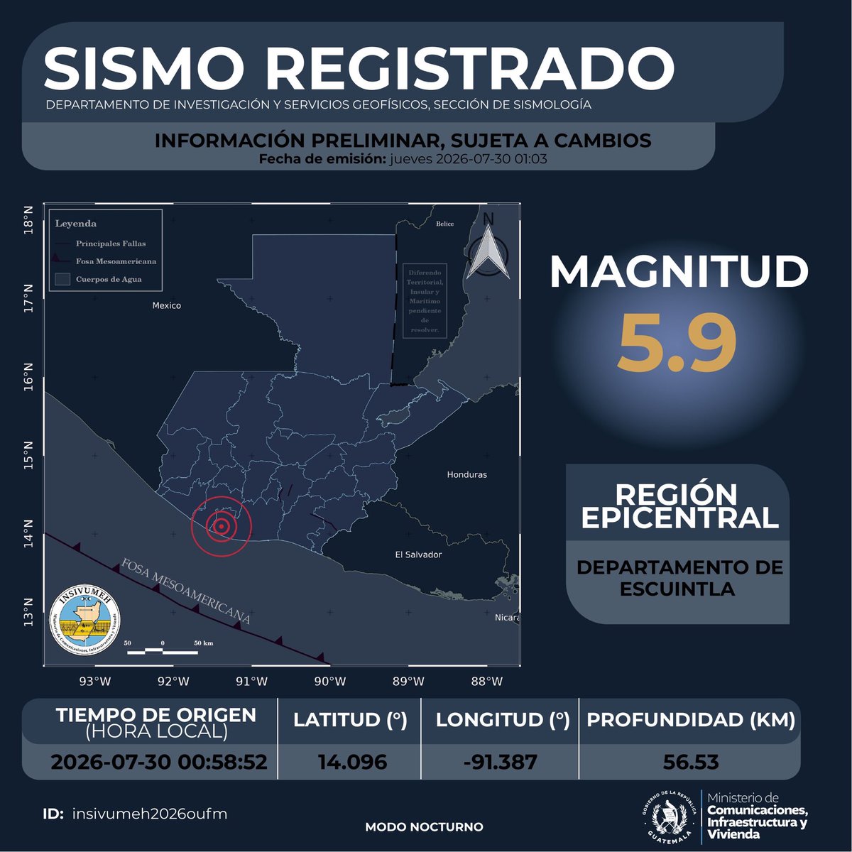 ClimaenGuate's tweet photo. #Urgente. 
Fuerte sismo sensible en Guatemala Magnitud 5.9 a 56km de profundidad. 

El epicentro fue al oeste de Escuintla, muy sensible en buena parte del país y de larga duración. https://t.co/oG3puscCkx